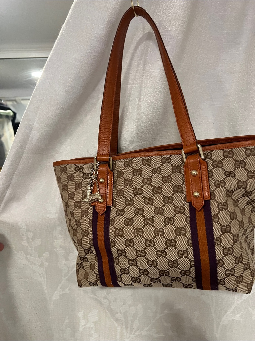 Gucci Beige GG Canvas Tote with Orange Leather Handles and Purple/Orange Stripes - Picture 10 of 11